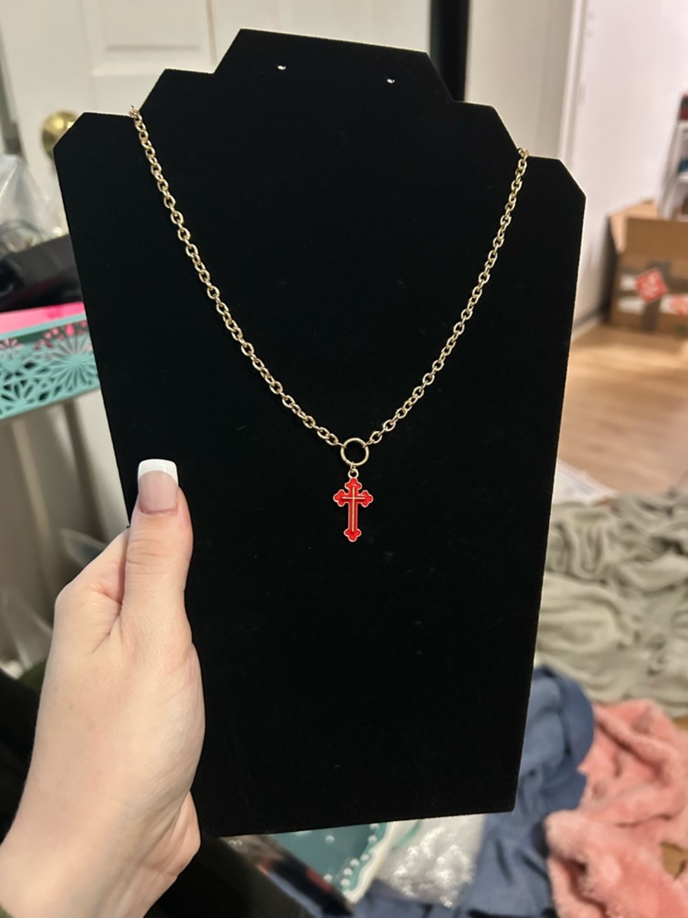 Gold Chain Necklace with Red Cross Pendant